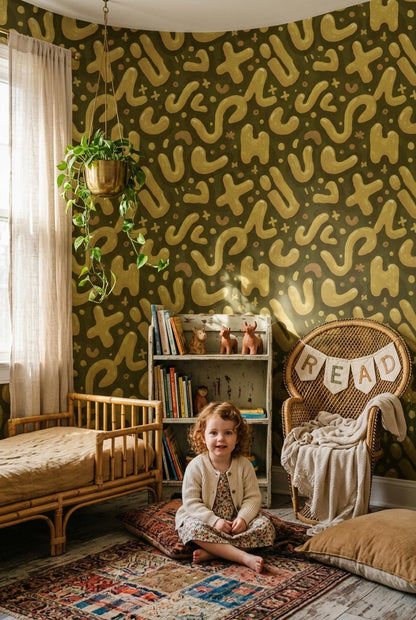 Abstract Memphis Wallpaper Retro Organic Shapes Olive Gold Modern Pattern Wall Decor