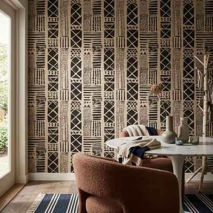 Mudcloth Wallpaper African Tribal Pattern Boho Geometric Wallpaper Neutral Wall Decor