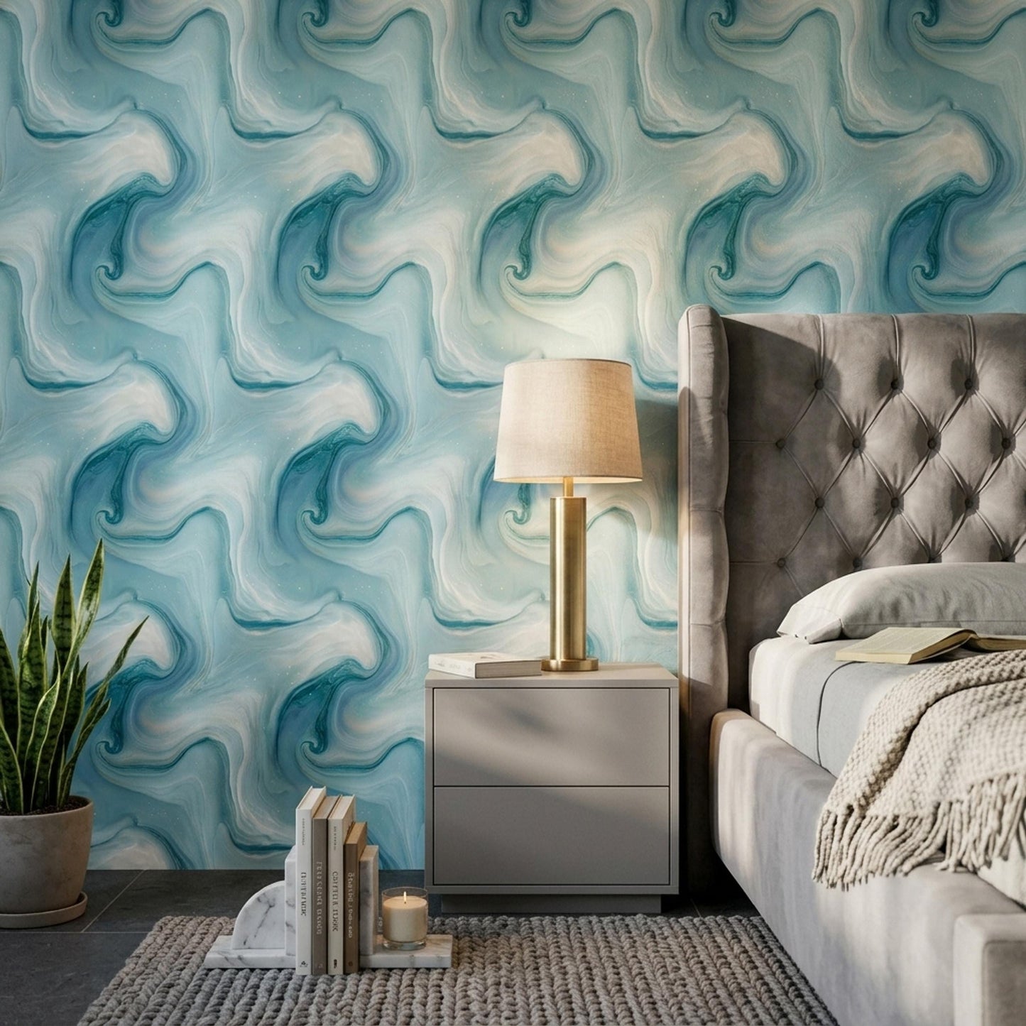 Sea Glass Marble Wallpaper Coastal Blue Swirl Pattern Ocean Inspired Wall Decor