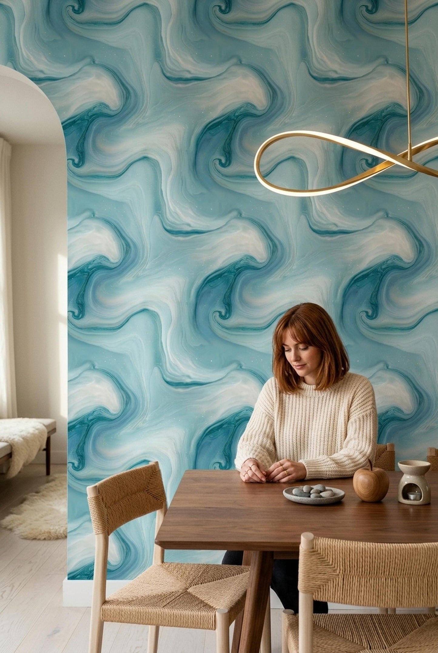 Sea Glass Marble Wallpaper Coastal Blue Swirl Pattern Ocean Inspired Wall Decor