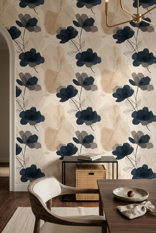 Vintage Navy Floral Wallpaper Moody Botanical Pattern Neutral Cottagecore Wall Decor
