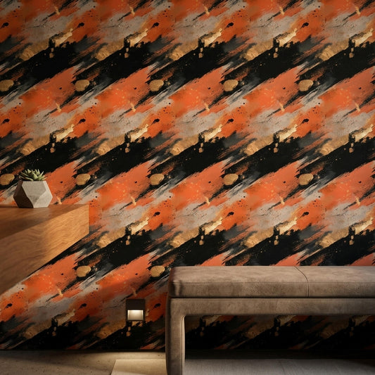Vintage Burnt Orange Wallpaper Black Gold Abstract Brushstroke Wall Decor