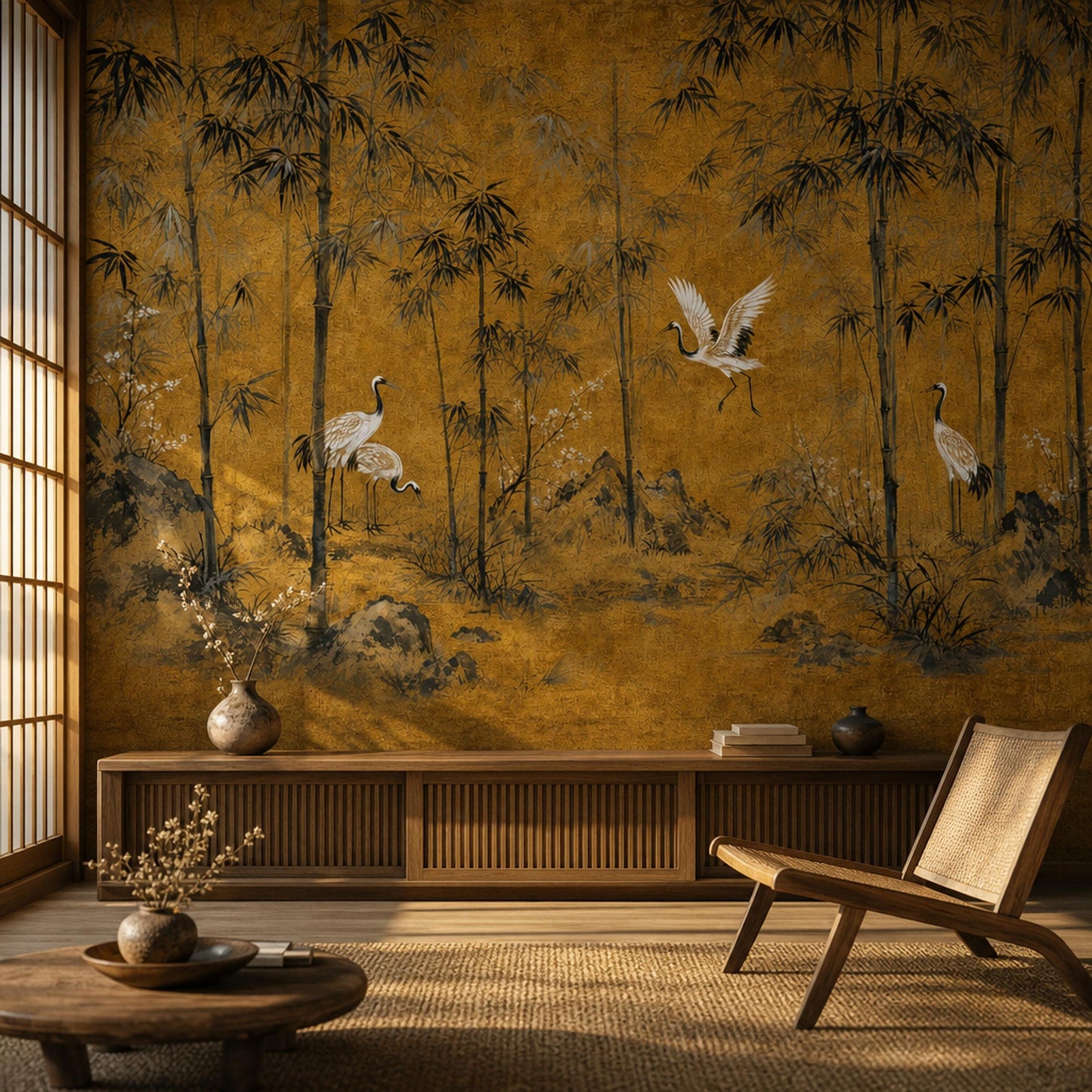Golden Bamboo Wall Mural Crane Wallpaper Asian Landscape Japandi Zen Decor