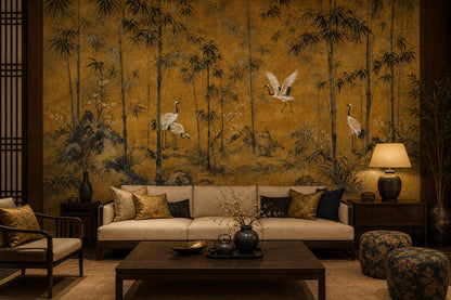 Golden Bamboo Wall Mural Crane Wallpaper Asian Landscape Japandi Zen Decor