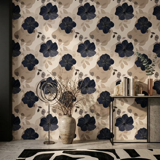 Vintage Navy Blossom Wallpaper Beige Floral Pattern Botanical Wall Decor