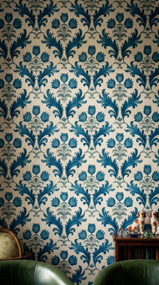 Vintage Blue Damask Wallpaper French Country Botanical Wall Decor