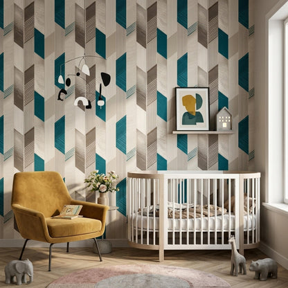 Mid Century Geometric Wallpaper Modern Teal Beige Art Deco Wall Decor