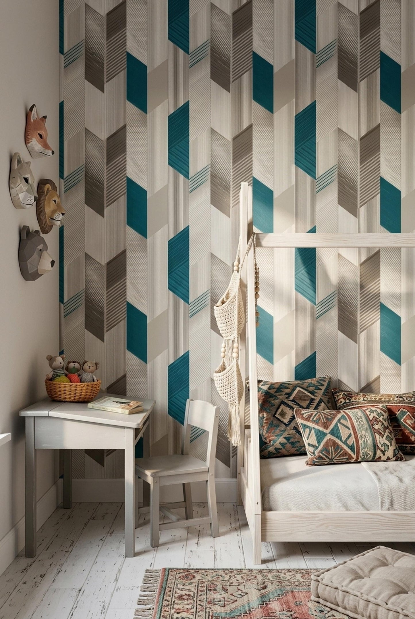 Mid Century Geometric Wallpaper Modern Teal Beige Art Deco Wall Decor
