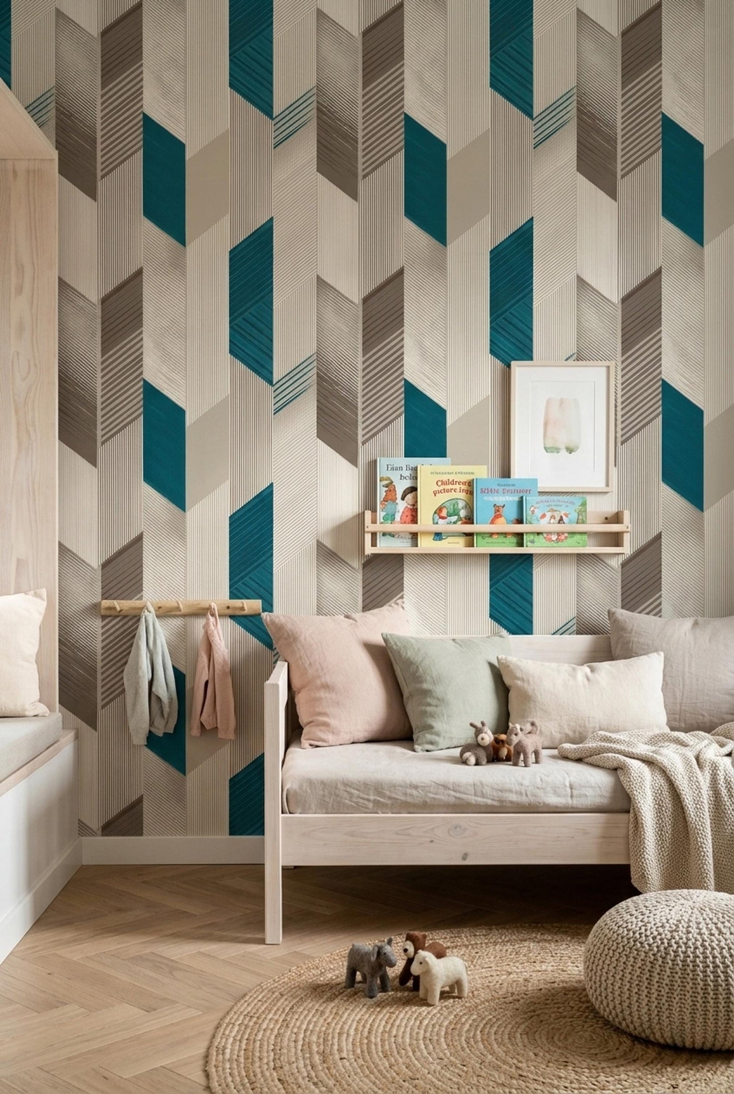 Mid Century Geometric Wallpaper Modern Teal Beige Art Deco Wall Decor