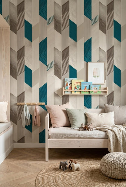Mid Century Geometric Wallpaper Modern Teal Beige Art Deco Wall Decor