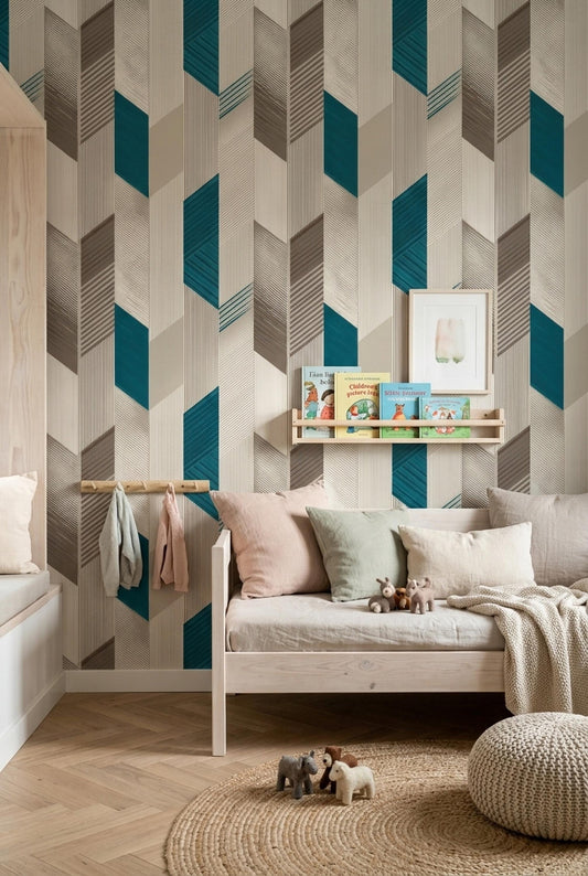 Mid Century Geometric Wallpaper Modern Teal Beige Art Deco Wall Decor
