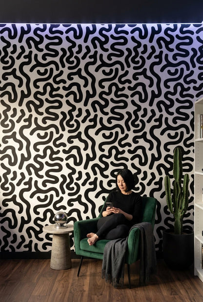 Modern Organic Wallpaper Black White Abstract Pattern Scandinavian Wall Decor