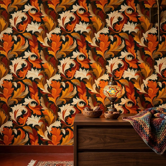 Vintage Baroque Wallpaper Autumn Leaf Damask Pattern Moody Maximalist Wall Decor