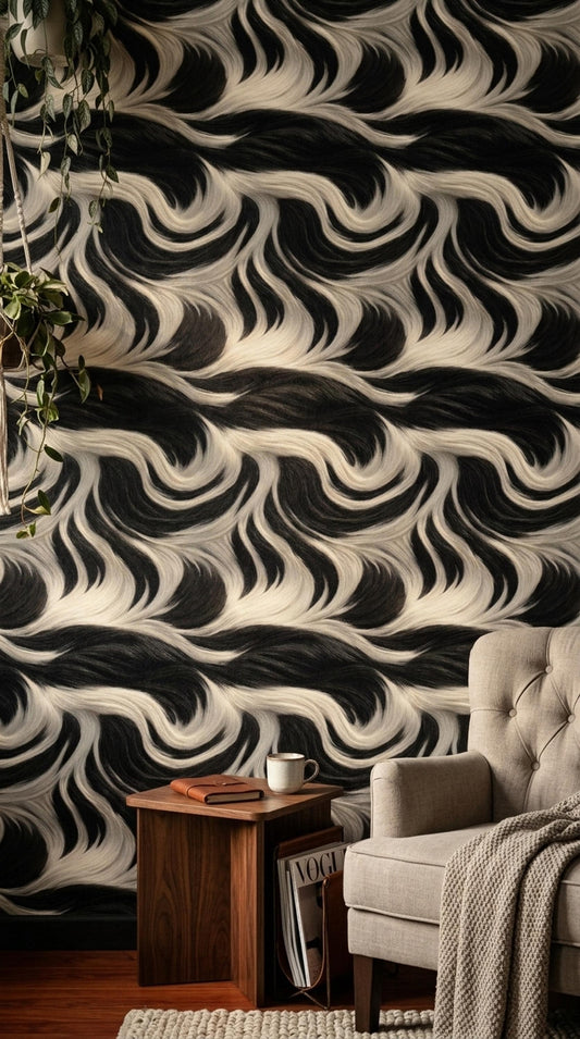 Abstract Zebra Fur Wallpaper Black White Organic Pattern Luxury Modern Statement Wall Decor