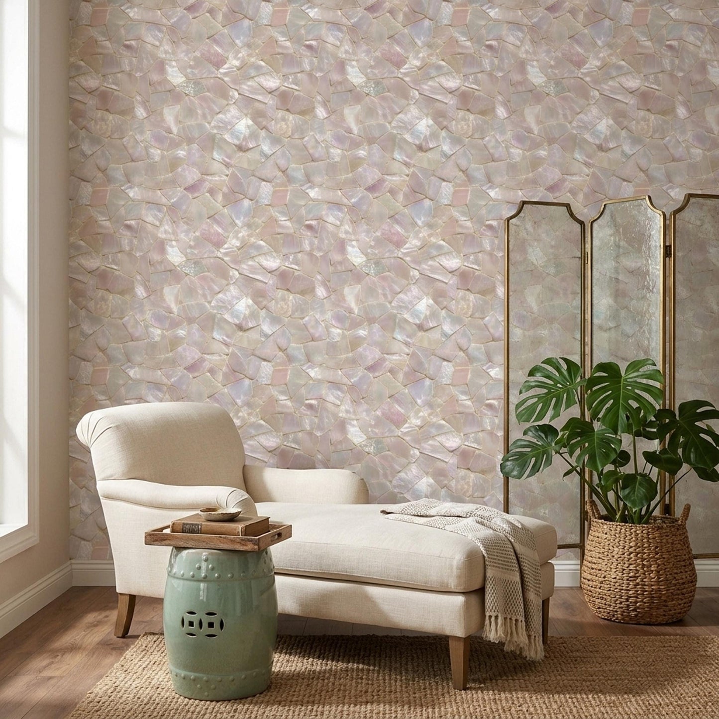 Mother of Pearl Wallpaper Iridescent Shell Mosaic Pattern Luxury Coastal Wall Decor