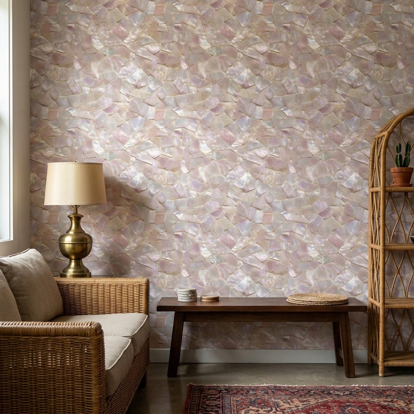 Mother of Pearl Wallpaper Iridescent Shell Mosaic Pattern Luxury Coastal Wall Decor