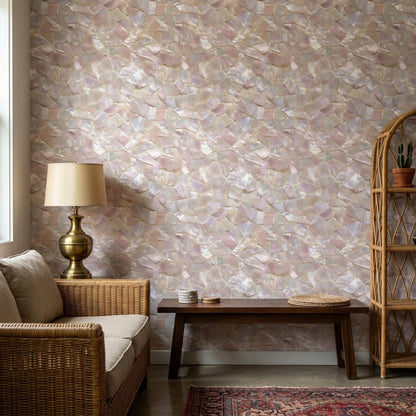 Mother of Pearl Wallpaper Iridescent Shell Mosaic Pattern Luxury Coastal Wall Decor