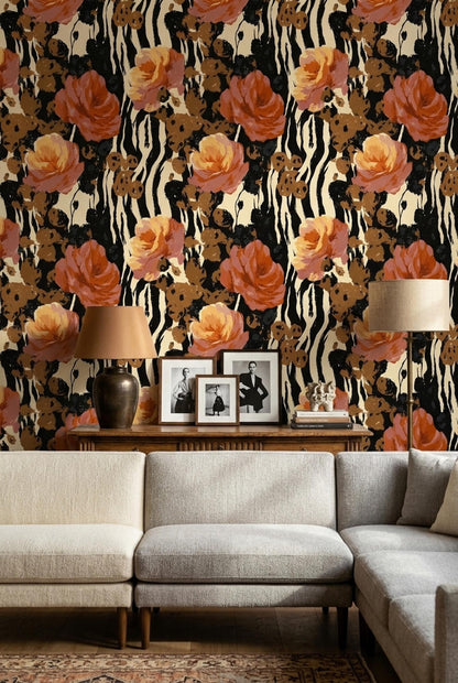 Maximalist Floral Wallpaper Animal Print Botanical Pattern Moody Luxury Wall Decor