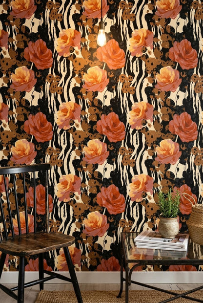 Maximalist Floral Wallpaper Animal Print Botanical Pattern Moody Luxury Wall Decor