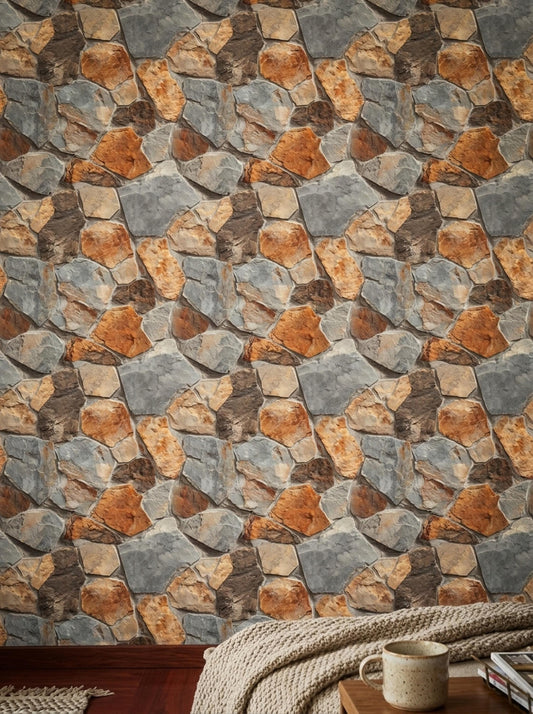 Rustic Stone Wall Wallpaper Faux Rock Pattern Natural Stacked Stone Cabin Lodge Decor
