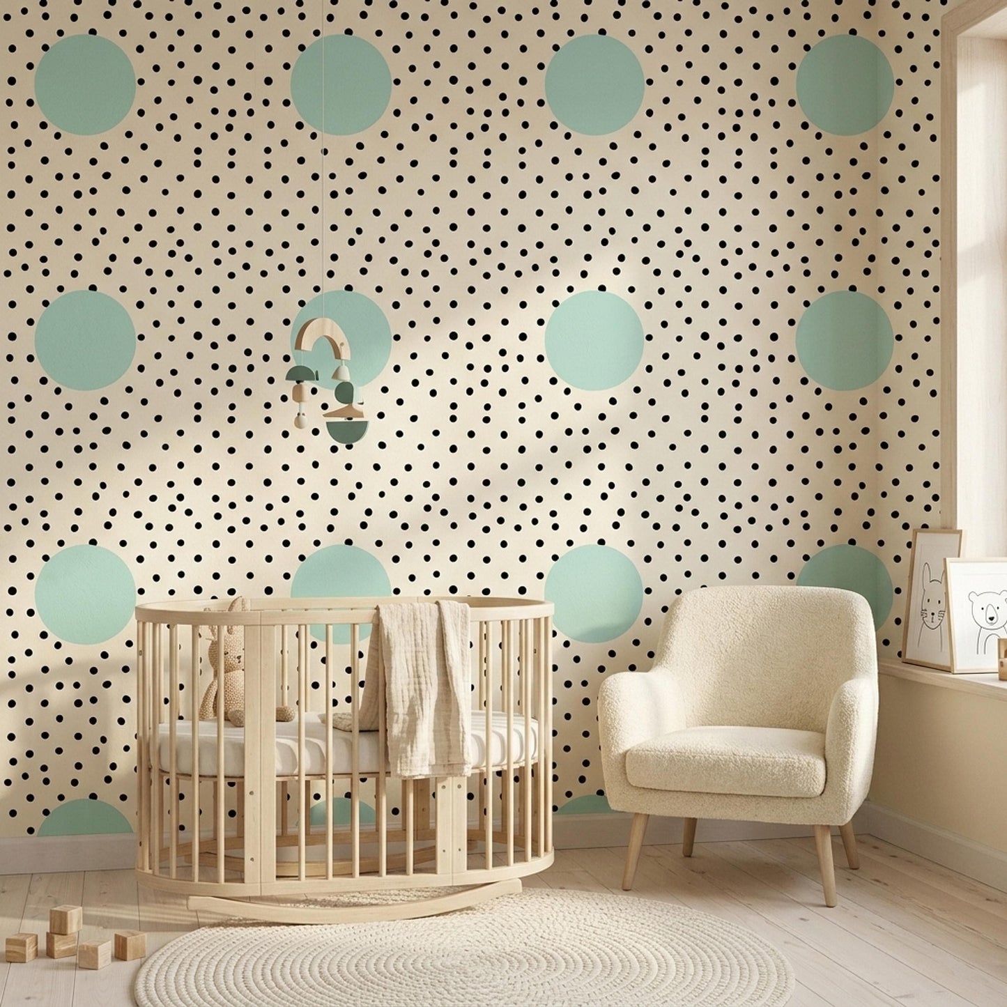 Mint Polka Dot Nursery Wallpaper Scandinavian Kids Room Decor Modern Playroom Wall Art