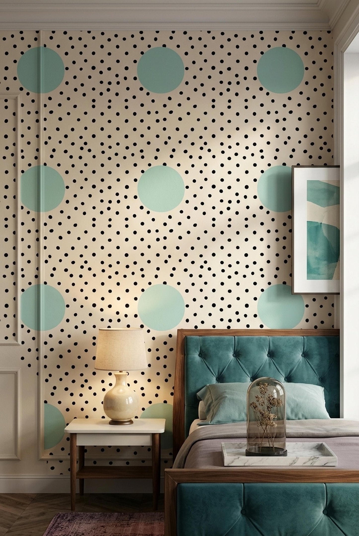 Mint Polka Dot Nursery Wallpaper Scandinavian Kids Room Decor Modern Playroom Wall Art