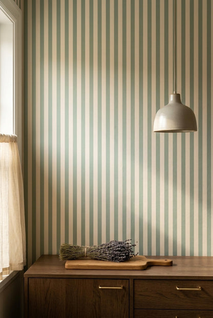 Sage Green Stripe Wallpaper Scandinavian Coastal Decor Modern Minimalist Wall Design