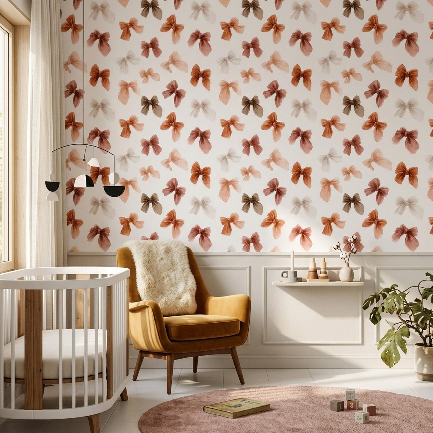 Coquette Bow Wallpaper Pink Nursery Decor Watercolor Ribbon Pattern Girls Room Wall