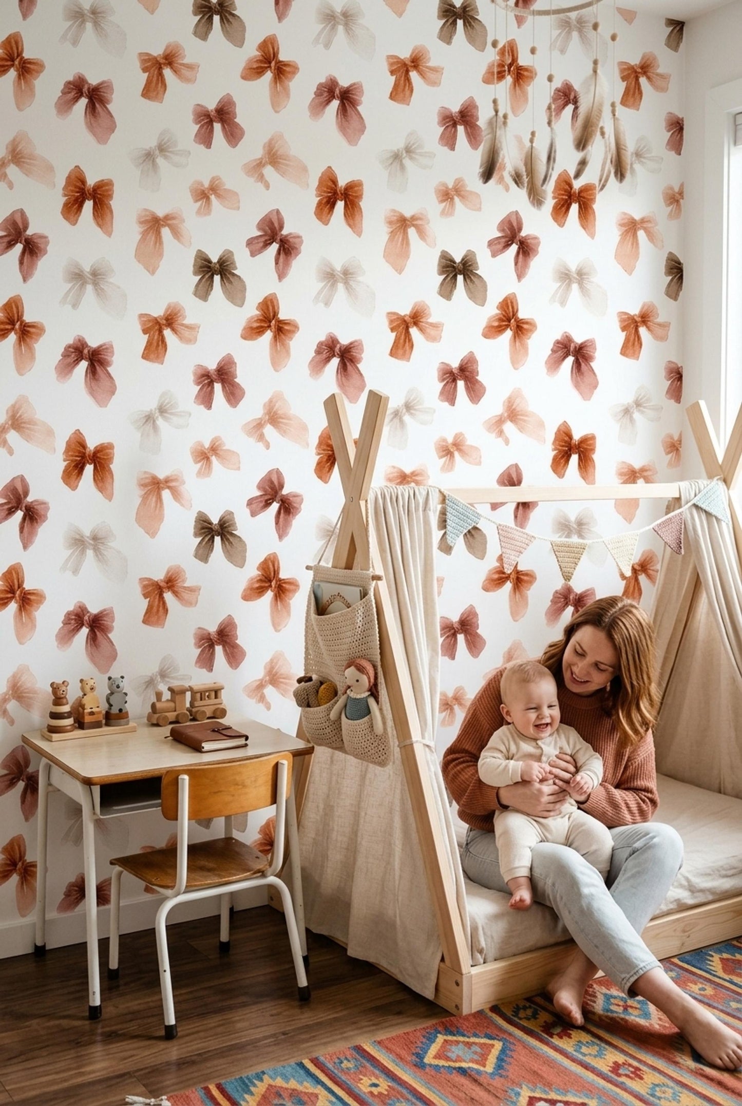 Coquette Bow Wallpaper Pink Nursery Decor Watercolor Ribbon Pattern Girls Room Wall