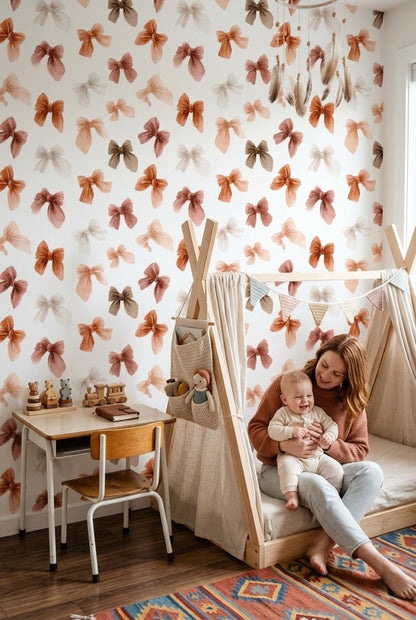Coquette Bow Wallpaper Pink Nursery Decor Watercolor Ribbon Pattern Girls Room Wall