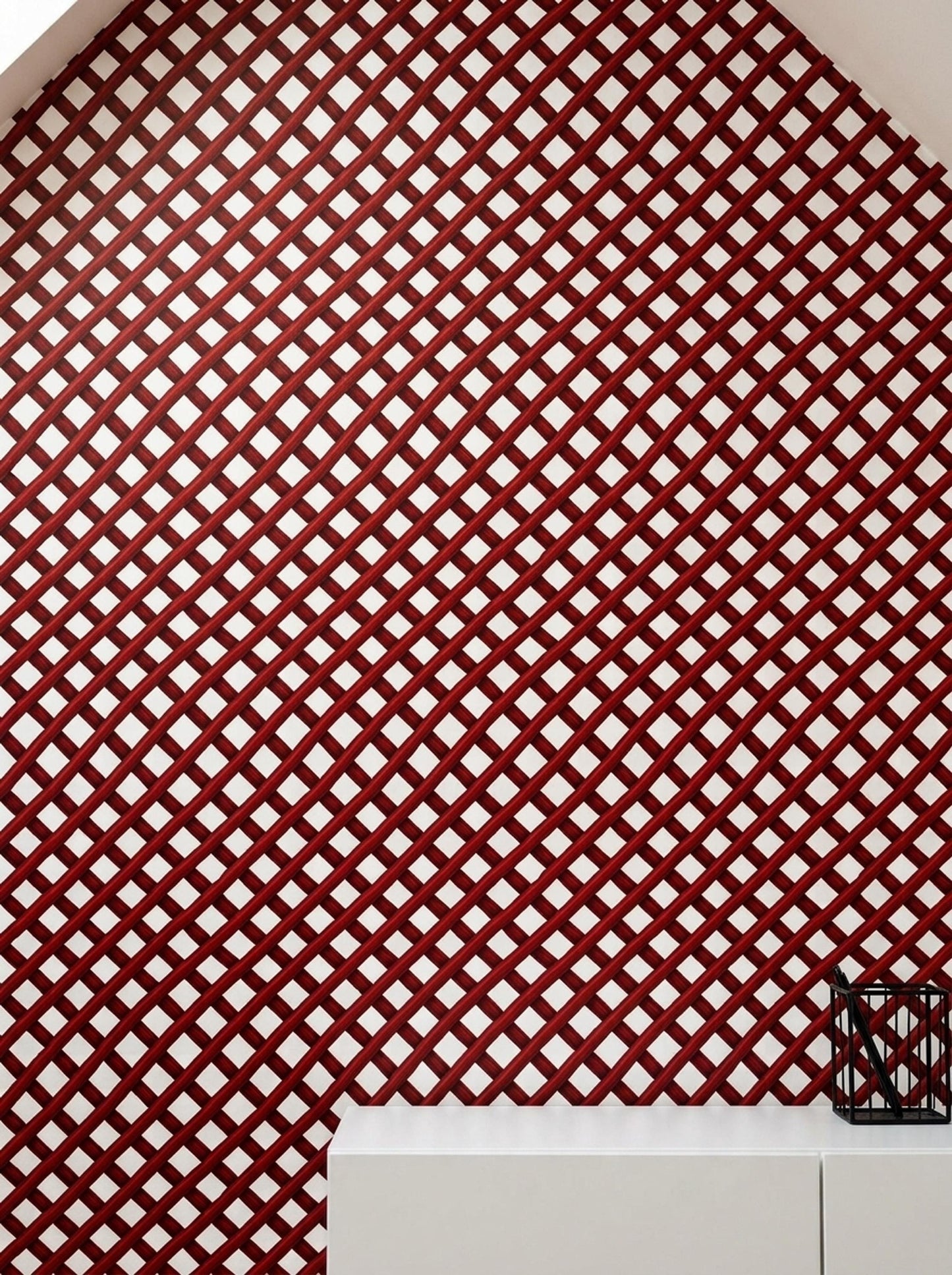 Red Trellis Wallpaper Geometric Lattice Pattern Modern Maximalist Accent Wall Decor