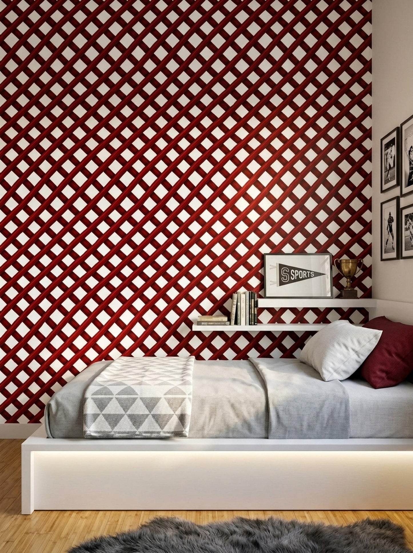 Red Trellis Wallpaper Geometric Lattice Pattern Modern Maximalist Accent Wall Decor