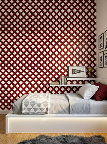 Red Trellis Wallpaper Geometric Lattice Pattern Modern Maximalist Accent Wall Decor