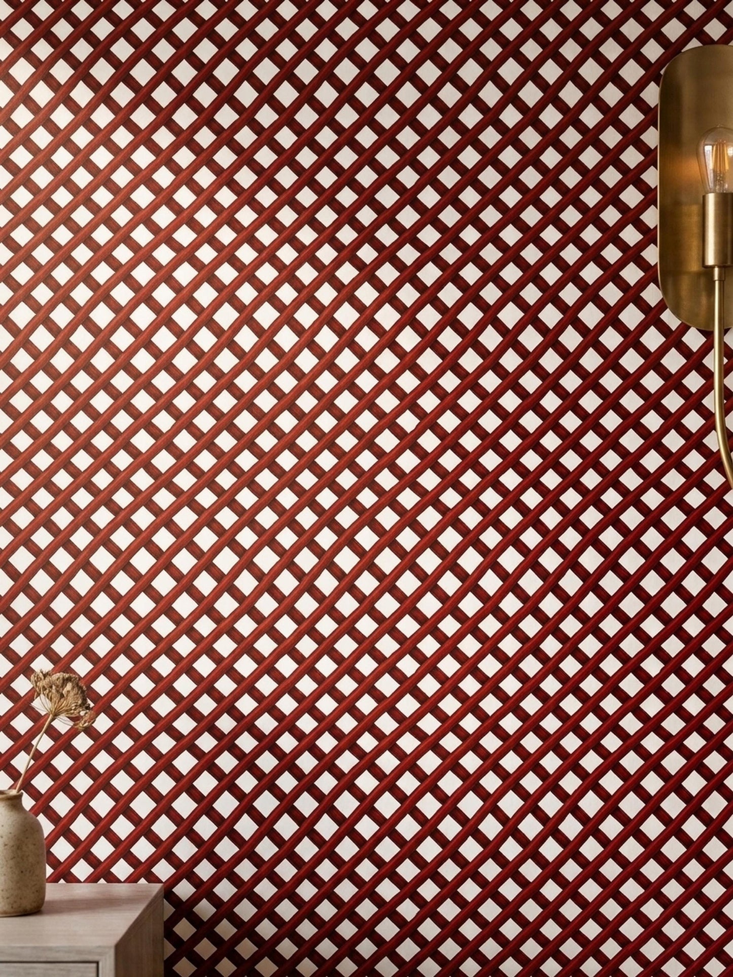 Red Trellis Wallpaper Geometric Lattice Pattern Modern Maximalist Accent Wall Decor