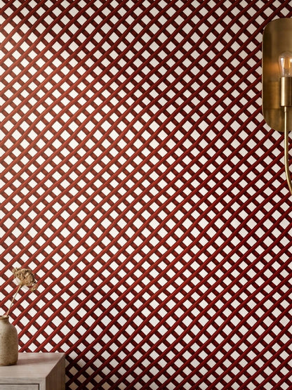 Red Trellis Wallpaper Geometric Lattice Pattern Modern Maximalist Accent Wall Decor