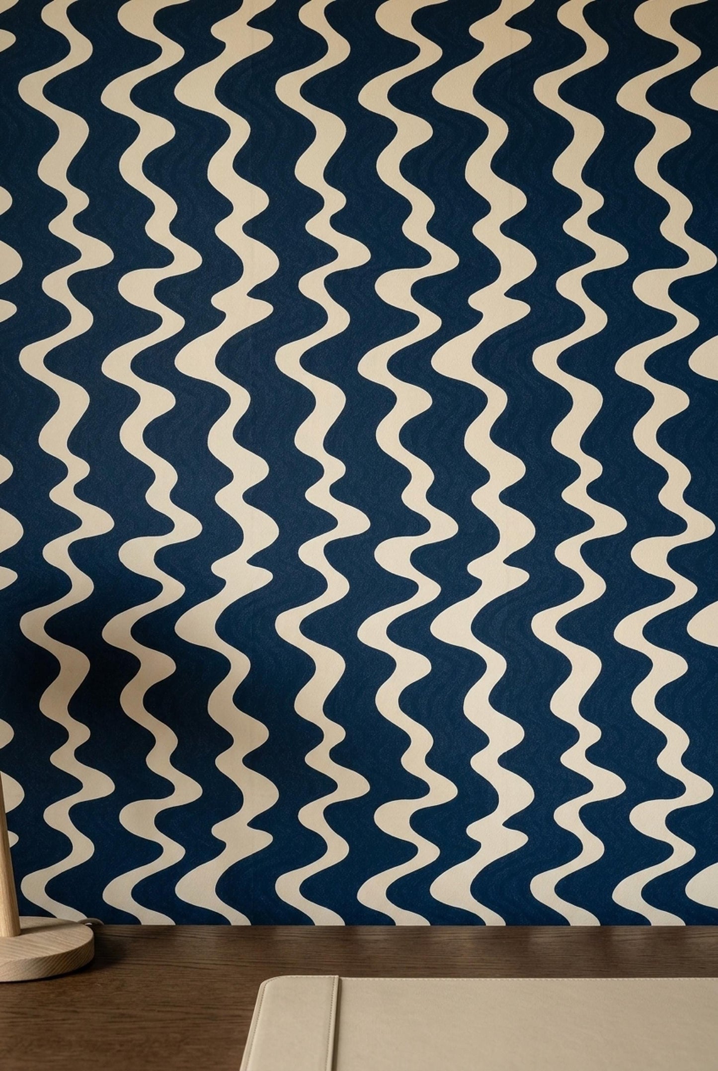 Navy Wave Wallpaper Retro Wavy Stripe Pattern Mid Century Modern Coastal Wall Decor