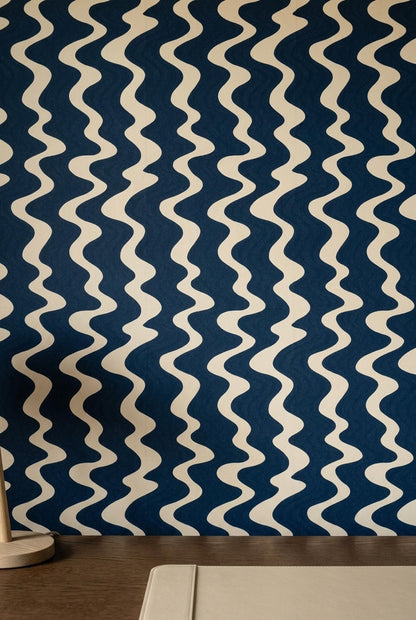 Navy Wave Wallpaper Retro Wavy Stripe Pattern Mid Century Modern Coastal Wall Decor
