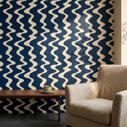 Navy Wave Wallpaper Retro Wavy Stripe Pattern Mid Century Modern Coastal Wall Decor