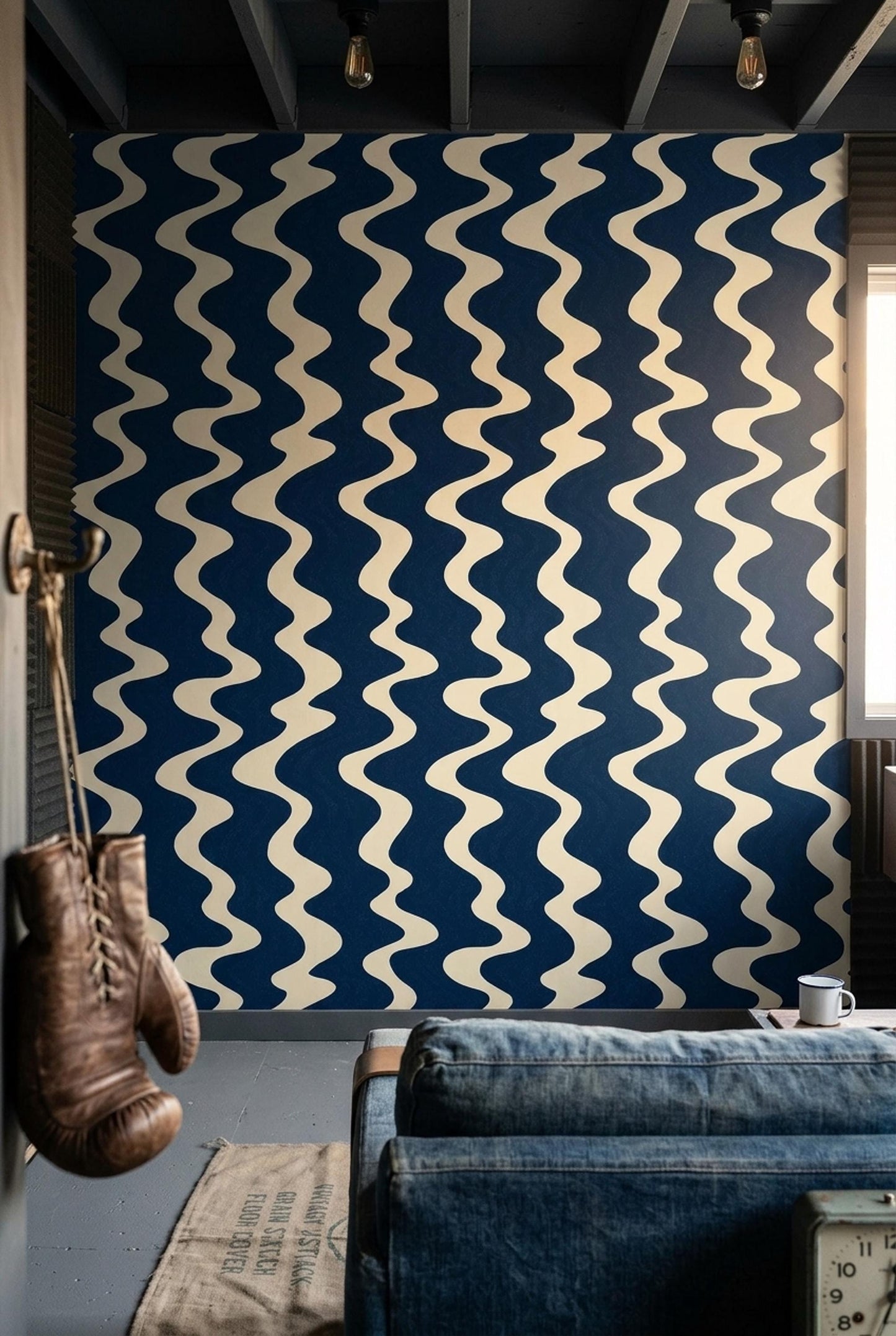 Navy Wave Wallpaper Retro Wavy Stripe Pattern Mid Century Modern Coastal Wall Decor