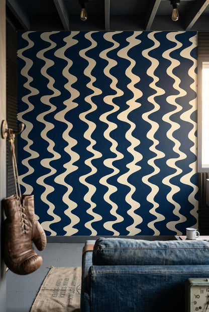 Navy Wave Wallpaper Retro Wavy Stripe Pattern Mid Century Modern Coastal Wall Decor