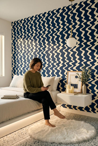 Navy Wave Wallpaper Retro Wavy Stripe Pattern Mid Century Modern Coastal Wall Decor