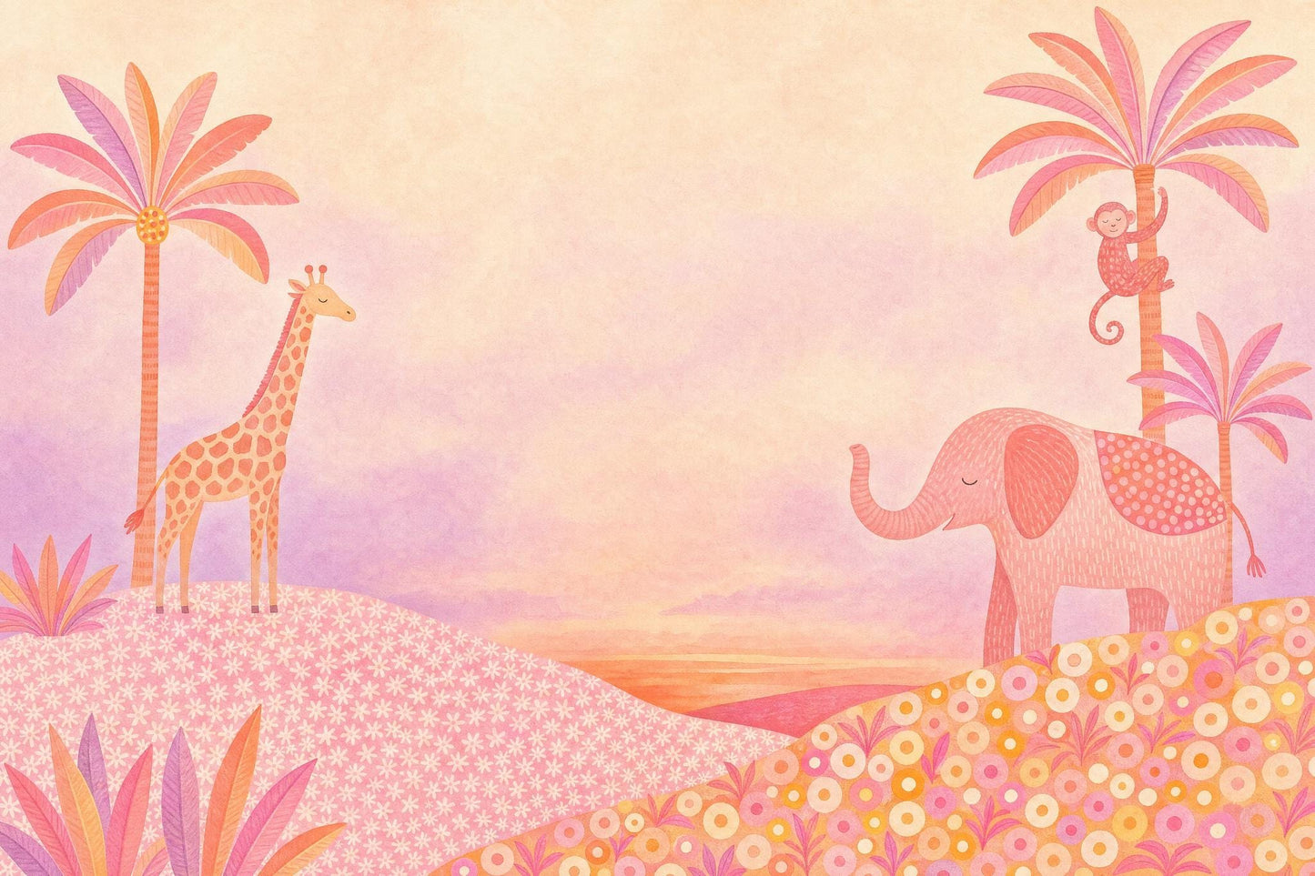 Pink Safari Animal Wall Mural Watercolor Elephant Giraffe Jungle Kids Room Decor