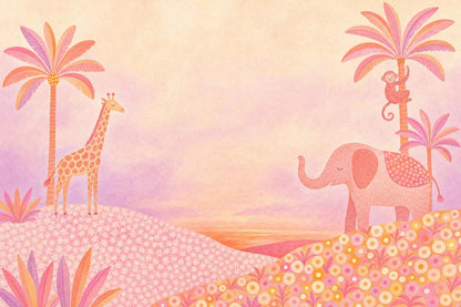 Pink Safari Animal Wall Mural Watercolor Elephant Giraffe Jungle Kids Room Decor