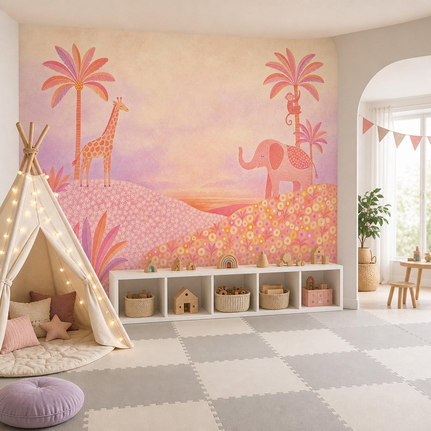 Pink Safari Animal Wall Mural Watercolor Elephant Giraffe Jungle Kids Room Decor