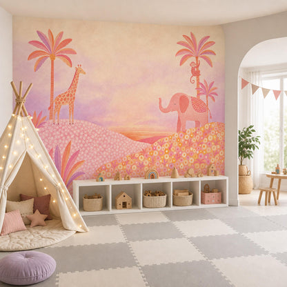 Pink Safari Animal Wall Mural Watercolor Elephant Giraffe Jungle Kids Room Decor