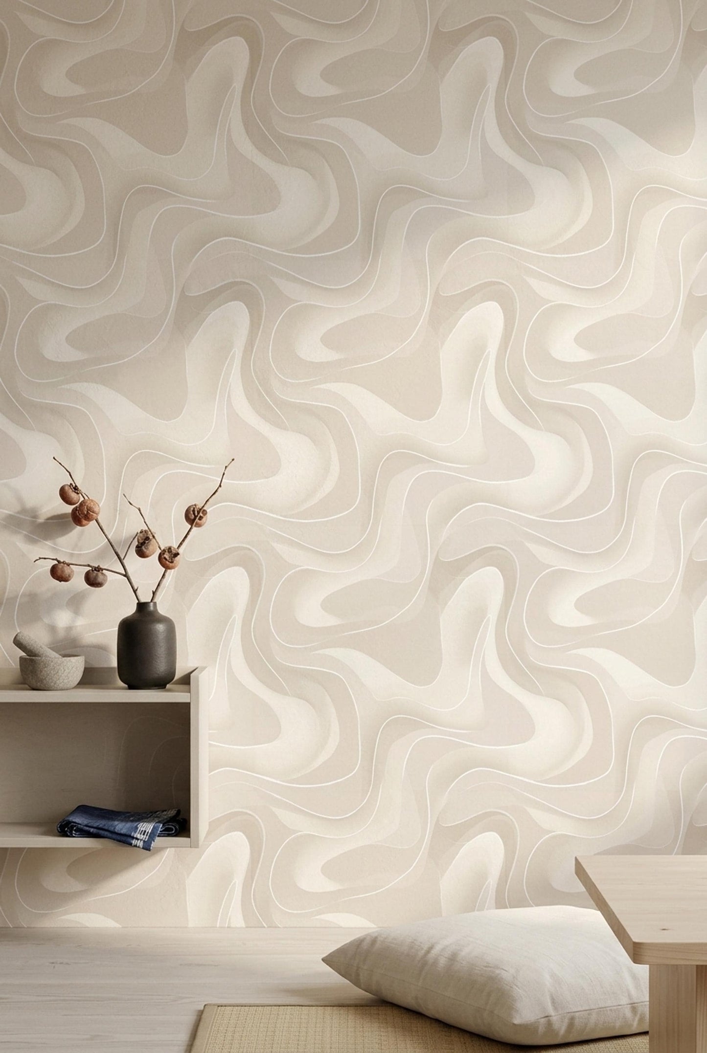 Neutral Abstract Wave Wallpaper Organic Flow Pattern Modern Beige Minimalist Decor