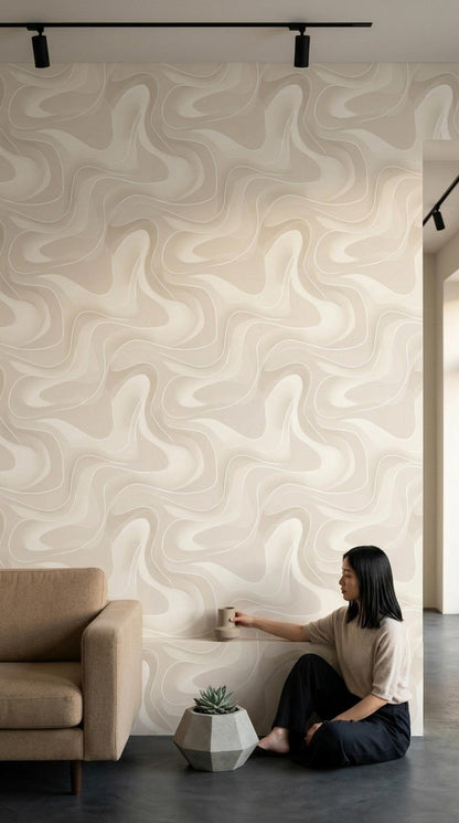 Neutral Abstract Wave Wallpaper Organic Flow Pattern Modern Beige Minimalist Decor