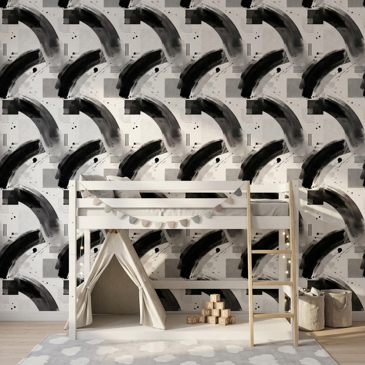 Black White Abstract Wallpaper Modern Minimalist Geometric Contemporary Wall Decor