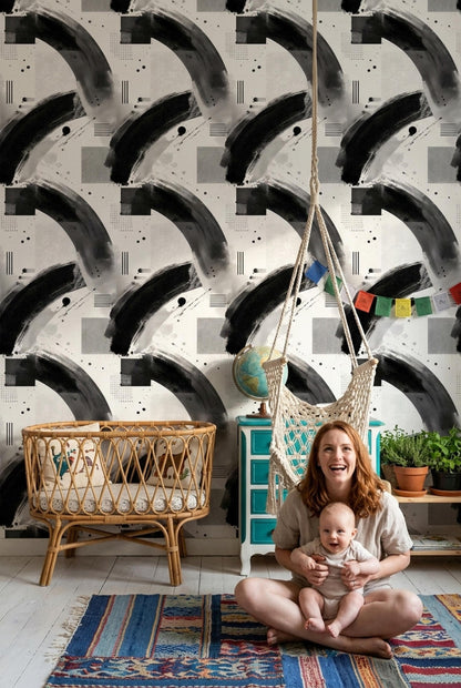 Black White Abstract Wallpaper Modern Minimalist Geometric Contemporary Wall Decor