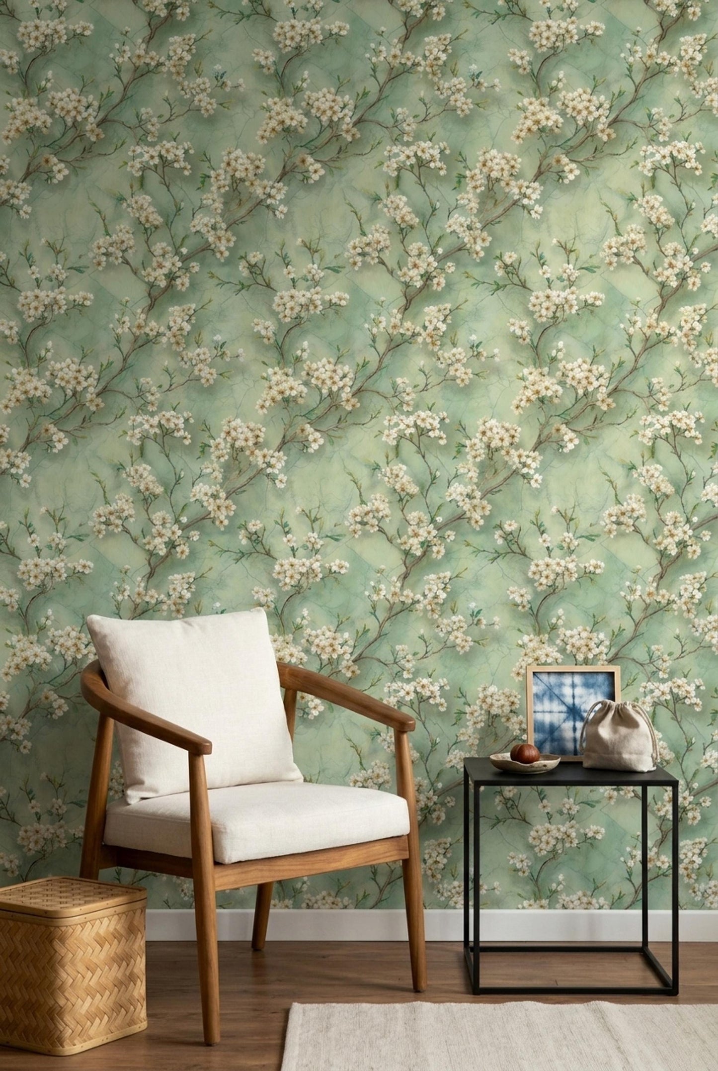 Cherry Blossom Wallpaper Sage Green Floral Pattern Botanical Wall Decor